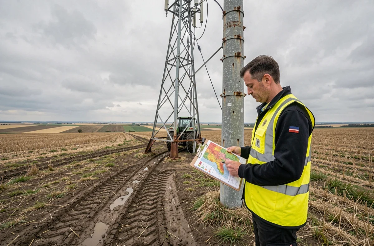 Ingénieur télécom inspectant une antenne relais en zone rurale française, carte de couverture réseau à la main dans un champ agricole