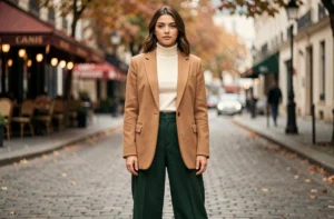 Femme portant un blazer camel oversize et un pantalon large vert forêt dans une rue pavée parisienne en automne, tendances mode saison