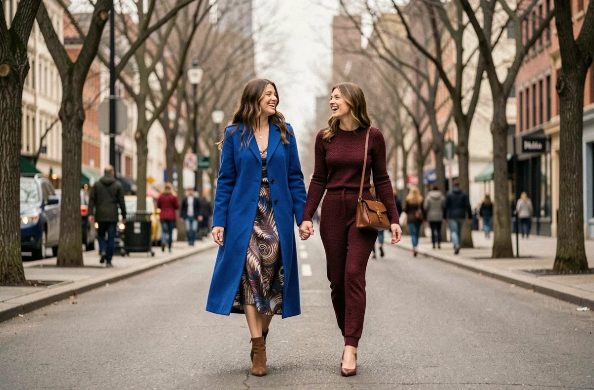 Deux femmes élégantes en manteau bleu cobalt et co-ord bordeaux marchant dans une avenue urbaine, nouvelles tendances mode saison