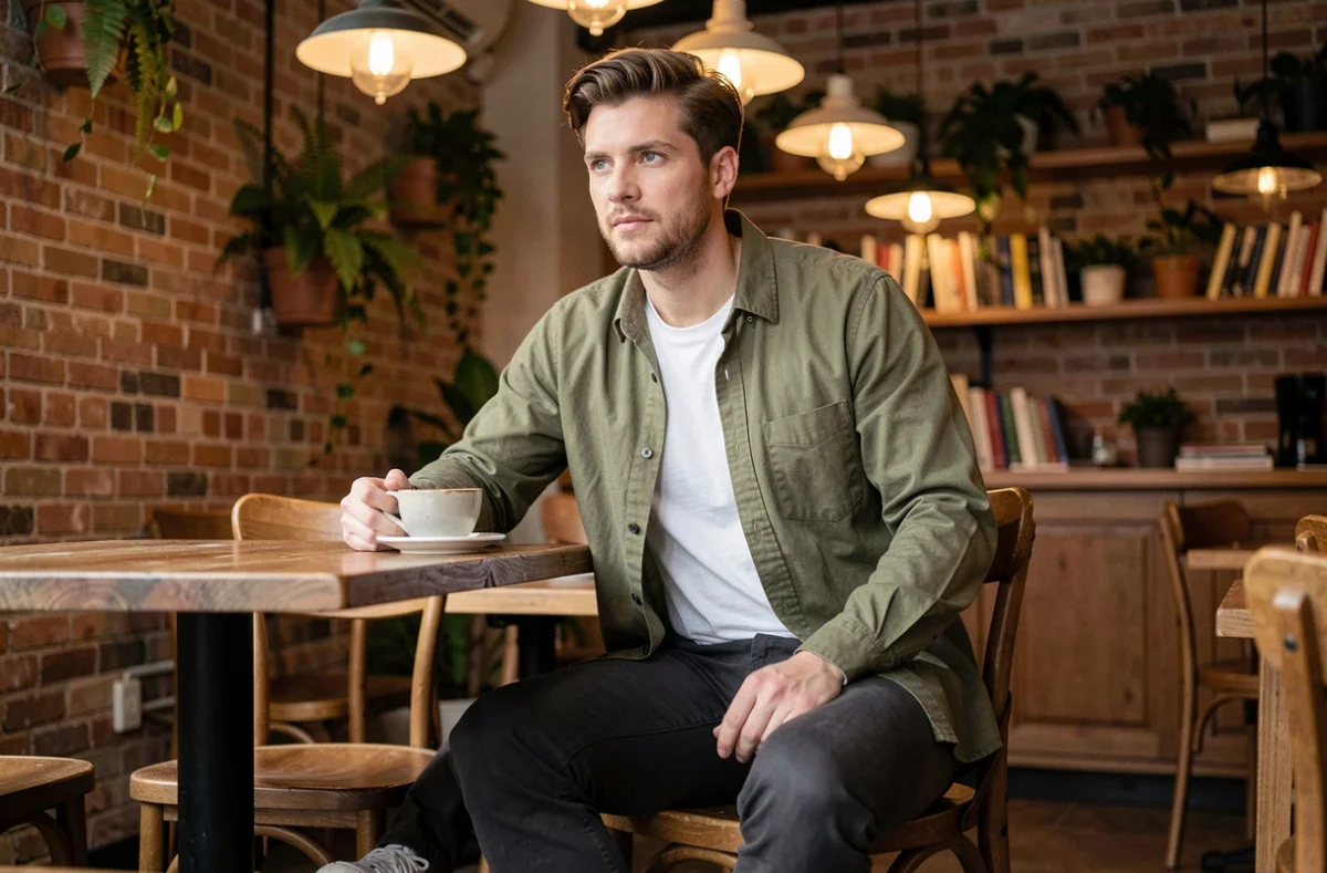 Homme élégant en tenue décontractée tendance dans un café vintage, inspiration mode masculine quotidienne