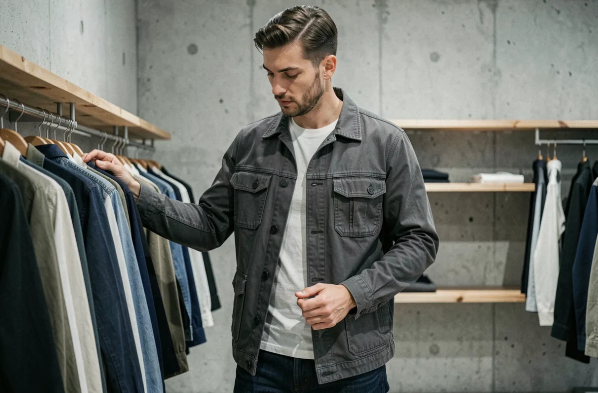 Homme en veste utilitaire anthracite feuilletant des vêtements dans un concept store minimaliste, tendances mode masculine saison