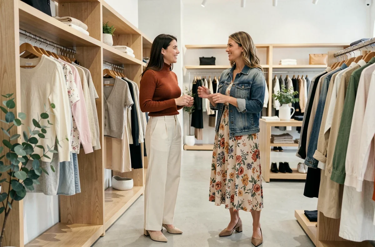 Deux femmes stylées qui font du shopping dans une boutique de mode tendance, inspirations tenues du quotidien
