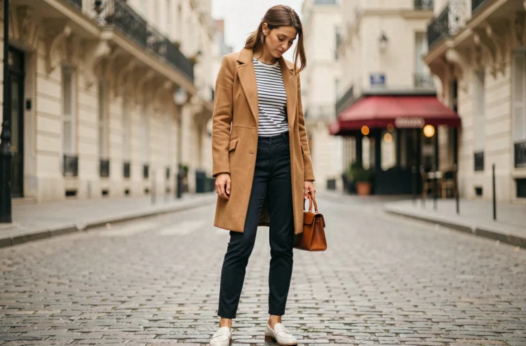 Femme parisienne élégante en manteau camel et top rayé sur des pavés parisiens, style mode quotidien